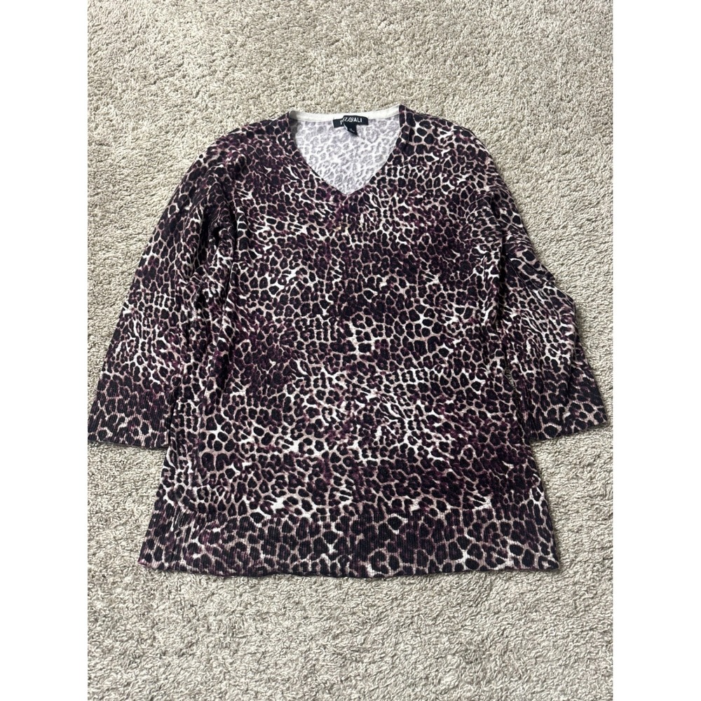 Roz & Ali Purple Leopard Print V-Neck Sweater 3/4 Sleeve Small